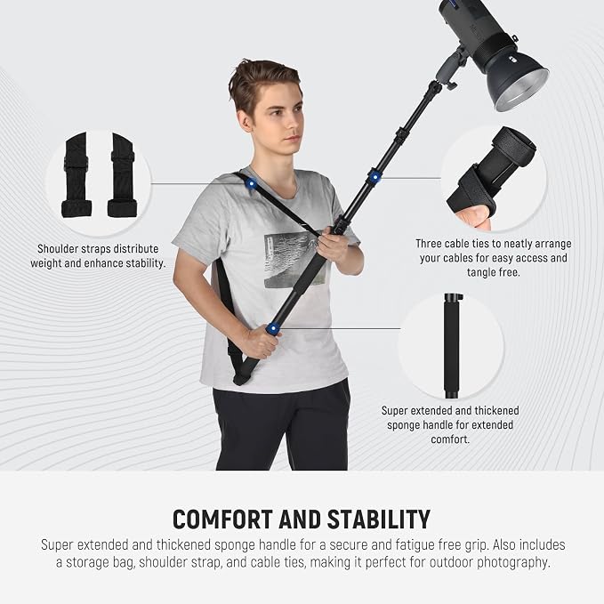 NEEWER 7.5ft/230cm Handheld Light Stand, Portable Telescopic Aluminum Photography Lighting Stand with 1/4" 3/8" 5/8" Screw/Flip Lock/Shoulder Strap for Strobe Light Flash, Max. Load 11LB/5KG, MS-230C | Handheld Light Stand, 1/4" 3/8" 5/8" Screw, Flip L... - Image 4