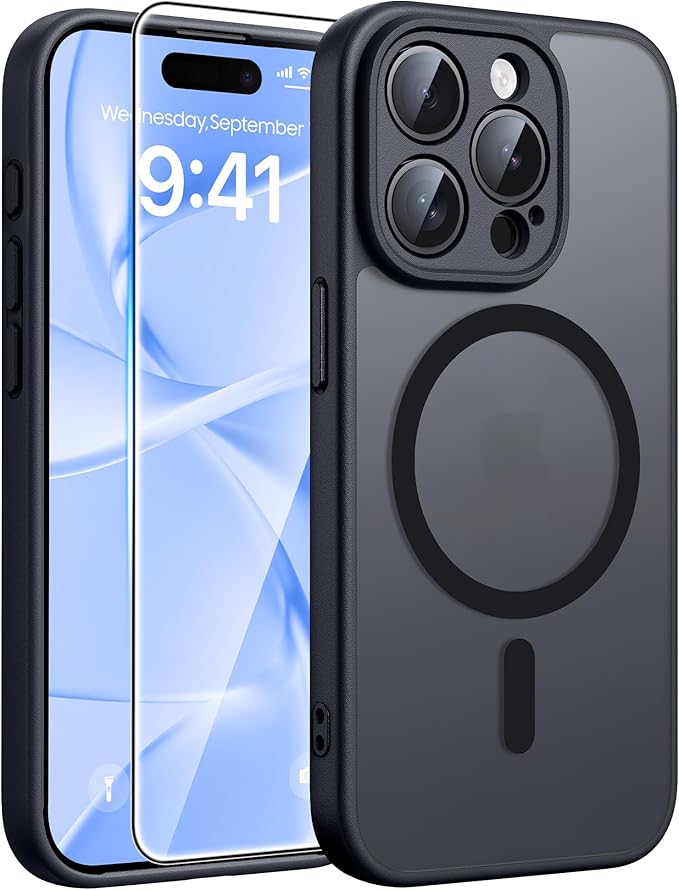 FNTCASE for iPhone 15 Pro Max Case, Fit for Magsafe, Glass Screen Protector | Full Camera Protection, Translucent Matte, 14FT Military Grade Drop Proof, Shockproof Protective Phone Cover, Black by FNTCASE