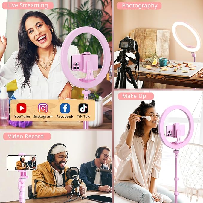 UBeesize 12" Ring Light with 62" Tripod Stand for Content Creation (Pink) | LED Selfie Light with Phone Holder & Remote for YouTube, TikTok, Twitch, Video Recording, Makeup, Streaming, Phone & Webcam - Image 6