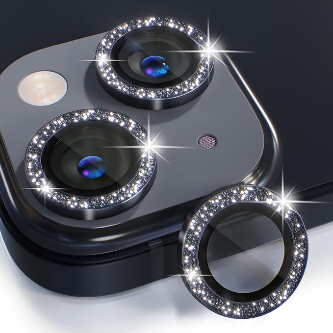 Choiche for iPhone 14/14 Plus Camera Lens Protector Bling, Glitter-Black | Ultra HD, 9H Tempered Glass Camera Cover Screen Protector Metal Individual Ring Decoration Accessories, 2-Lens, 6.1/6.7-inch by Choiche
