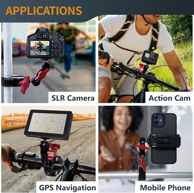 POWERTEC Super Clamp Camera Mount 360° Double Ball Head Adapter with GoPro/Phone Tripod Mount and Tripod Head for Bike, Desk, Mini Projector, Photography Lighting (71925) - Image 6