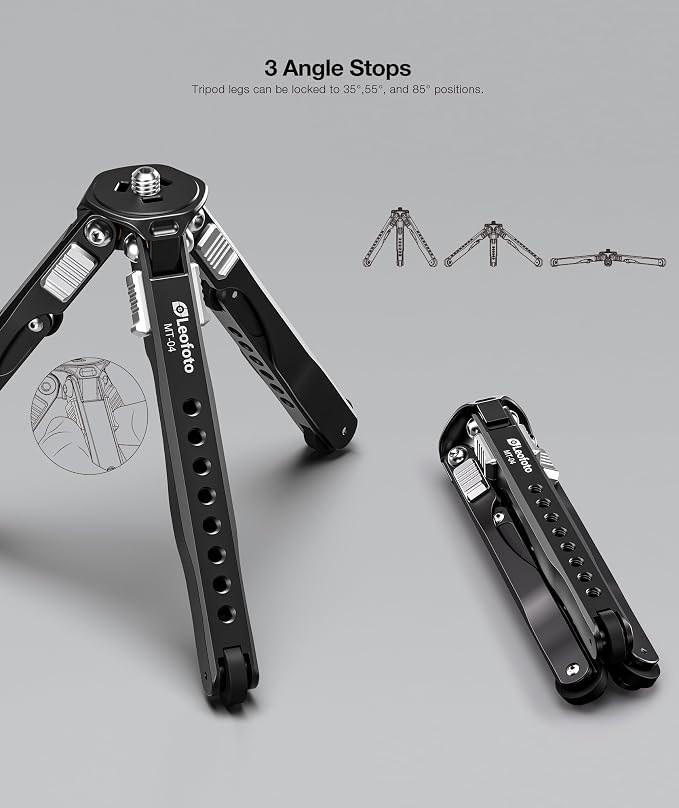 Leofoto MT-04 Tabletop Tripod, Aluminum Mini Tripod, 3 Leg Sections, Foldable Leg, Portable and Compact, 1/4" Accessories Thread, 3/8" Mounting Stud (MT-04) - Image 5