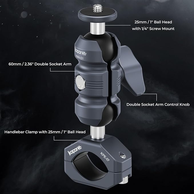 Sport Camera Holder with 1/4" Thread Ball Adapter, Install 22-32mm Diameter Round Bars, 25mm Ball, Aluminum, U-Bolt Base for ATV/Scooter Handlebar (KCB-2) - Image 2