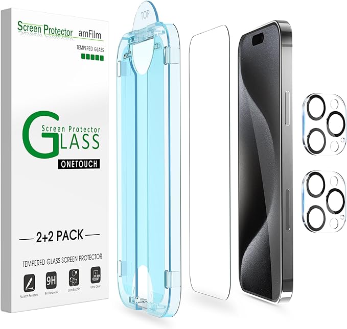 amFilm OneTouch for iPhone 15 Pro Screen Protector 6.1'' Tempered Glass | Auto-Alignment, 30s Install, Bubble Free, Scratch & Drop Protection, HD Clear, Camera Lens Protector[2+2 Pack] (15P-6.1'') by amFilm