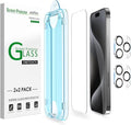 amFilm OneTouch for iPhone 15 Pro Screen Protector 6.1'' Tempered Glass | Auto-Alignment, 30s Install, Bubble Free, Scratch & Drop Protection, HD Clear, Camera Lens Protector[2+2 Pack] (15P-6.1'') by amFilm