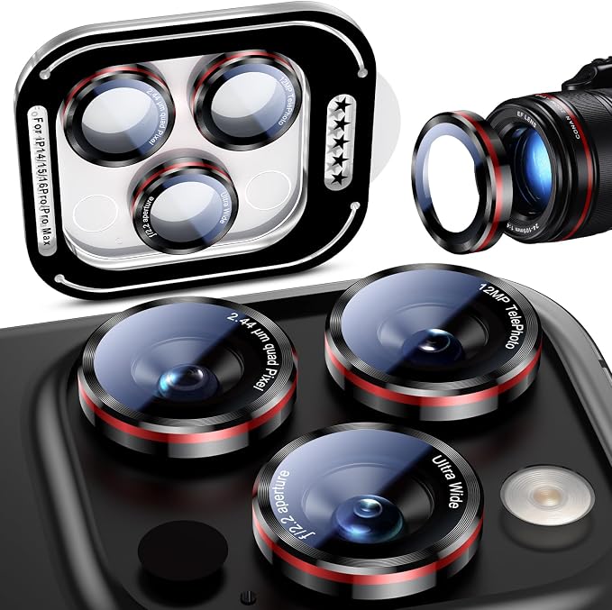 Uyiton for iPhone 17/16/15/14 (Pro Max & Pro) Camera Lens Protector | Unique Lines Text Design, Case-Friendly, Military-Grade Sapphire Glass Metal Camera Cover, Easy to Install, Black+Red - Image 7