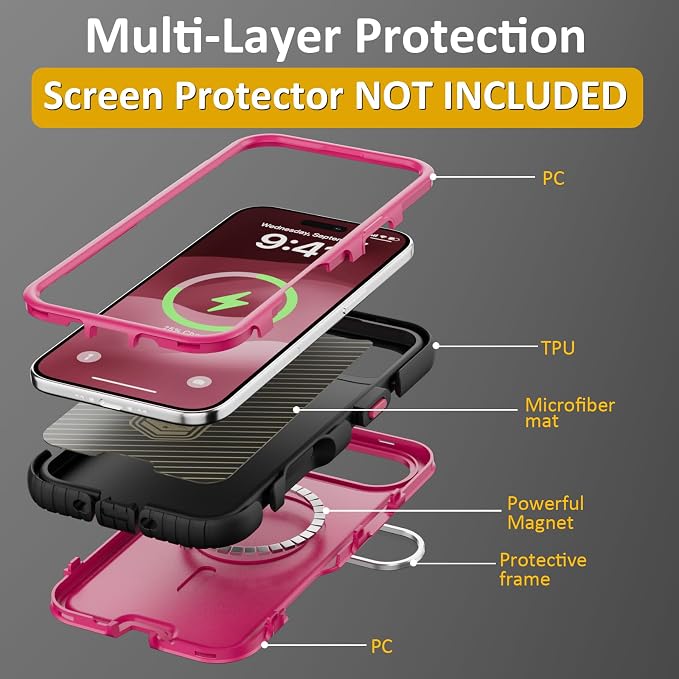 Follaroma Magnetic for iPhone 17 Air Case with Camera Stand, Hot Pink，6.5" | Built-in Glass Camera Cover Stand,Compatible with MagSafe,Heavy Duty Shockproof Protective,Military-Grade Anti-DropDual Case - Image 6