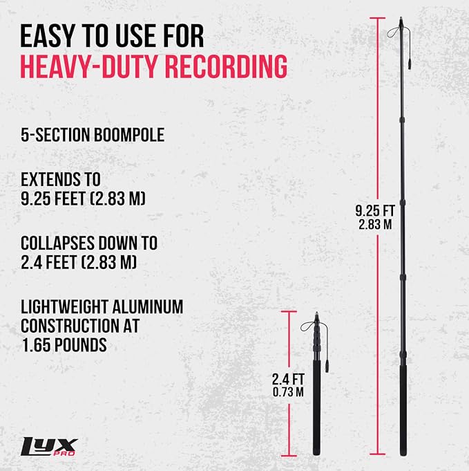 LyxPro Portable Mic Boom Pole Arm 5 Section Stretchable Padded Handheld Telescopic Aluminum Adjustable With Built In Internal XLR Cable Shotgun Zoom Microphones, Fish Pole extends 2.4’ - 9.25’ MPL-20 - Image 2