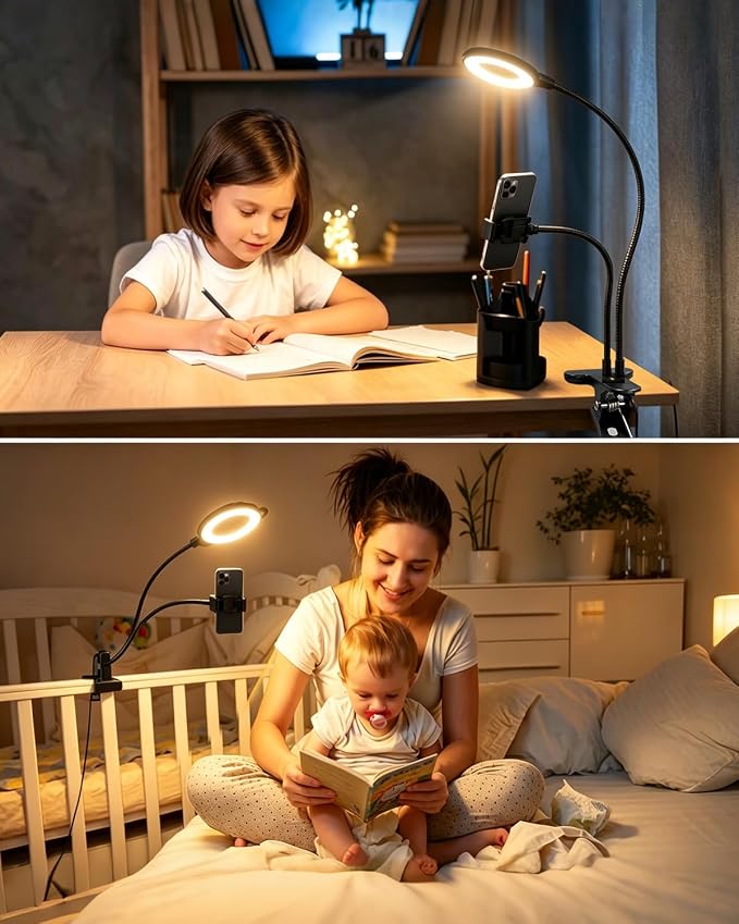 Desk Lamp, Ring Light for Laptop Desk Clip On, LED Reading Light with Clamp, Silicone Flexible Arm Book Light, Video Conference Lighting with Stand for Phone/Zoom Meeting/Video Call/Recording - Image 7