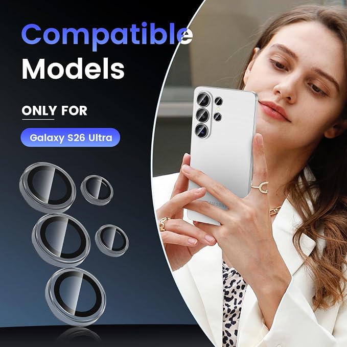 Tensea Compatible with Samsung Galaxy S26 Ultra Camera Lens Protector | 9H Tempered Glass Camera Cover Screen Protector Metal Individual Ring [Installation Tray][Case Friendly] - Image 2