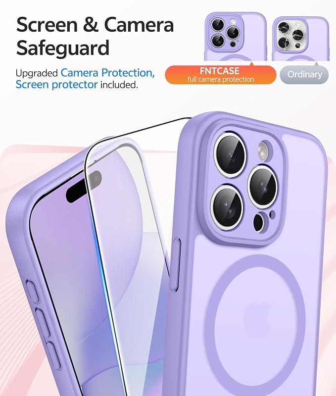 FNTCASE for iPhone 15 Pro Case, Fit for Magsafe, Screen Protector | Full Camera Protection, Translucent Matte, 14FT Military Grade Drop Proof, Shockproof Protective Phone Cover,Light Purple - Image 5