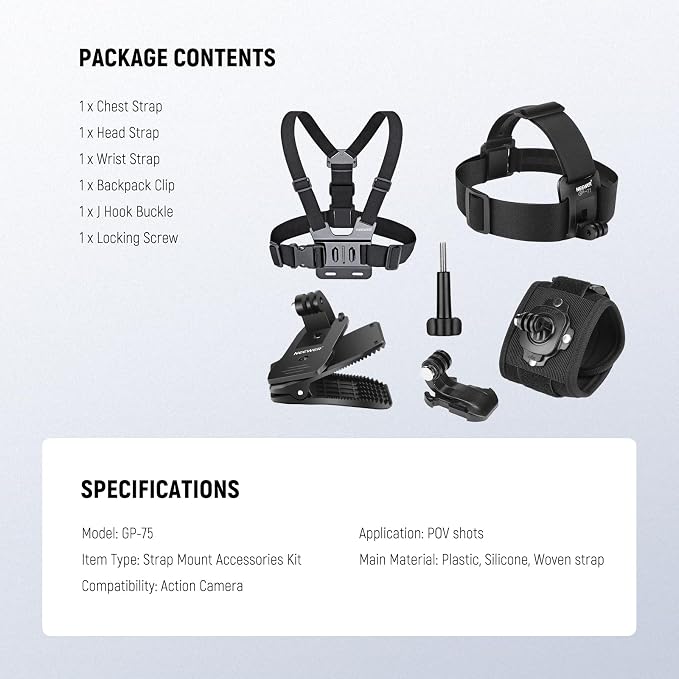NEEWER Accessory Set Compatible with GoPro Hero Insta360 DJI AKASO Action Camera, Quick Change Head Strap Head Strap Holder, Chest Strap, Backpack Hat Clip Holder & 360° Wrist Strap for GP-75 - Image 7