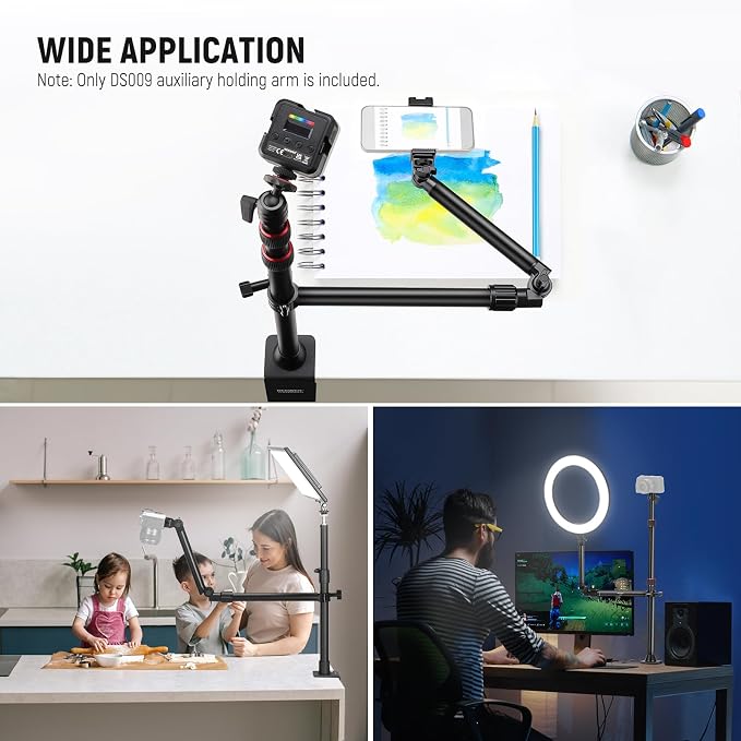 NEEWER Overhead Camera Mount Arm with Phone Clip, 22"/56cm 180°&360° 2 Section Flexible Holding Arm for Desk Stand, Fits 0.87"-1.1" Tube, 5.5lb/2.5kg Max Load for Camera LED Ring Light Mic, DS009 | 22"/56cm Clamp on Flexible Holding Arm for Desk Stand,... - Image 3