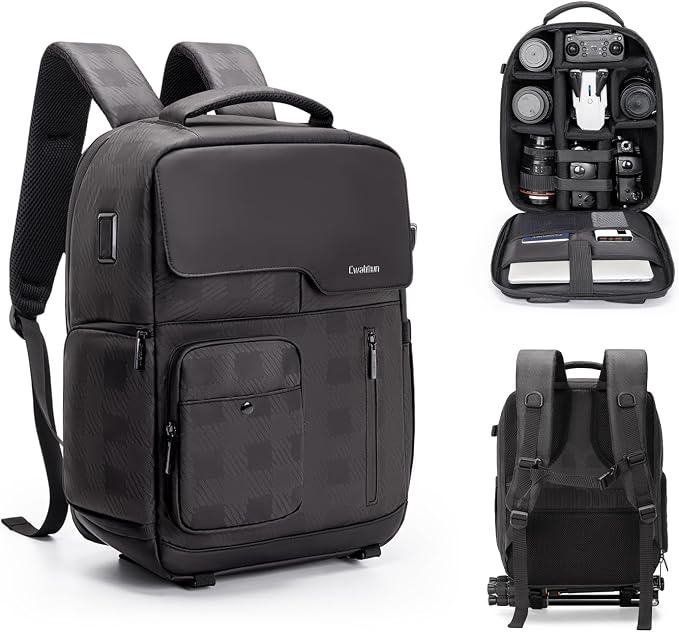 Cwatcun PU Leather Camera Backpack, DSLR Bag with Tripod Holder | for Photographers DSLR SLR Mirrorless Camera Cases.Fits 2cameras +4lenses+14"laptop+drone.18mm EPE foam, side & back access by FocusonCameraBag