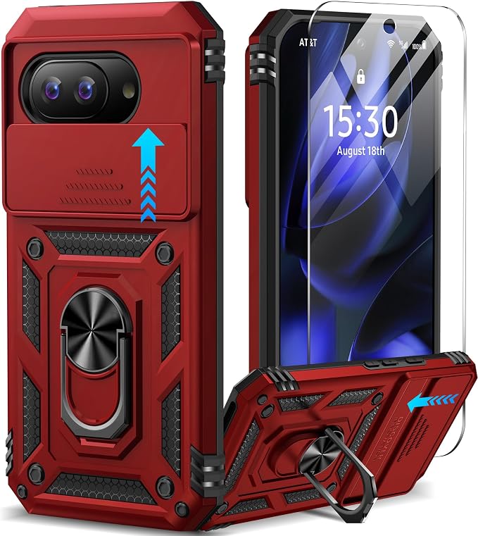 Taisairu for Google Pixel 9A Case with Screen Protector & Slide Camera Lens Cover, Built-in 360°Rotate Magnetic Ring Stand Shockproof Protective Phone Case for Google Pixel 9A Case (Red) by Taisairu