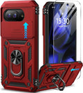 Taisairu for Google Pixel 9A Case with Screen Protector & Slide Camera Lens Cover, Built-in 360°Rotate Magnetic Ring Stand Shockproof Protective Phone Case for Google Pixel 9A Case (Red) by Taisairu