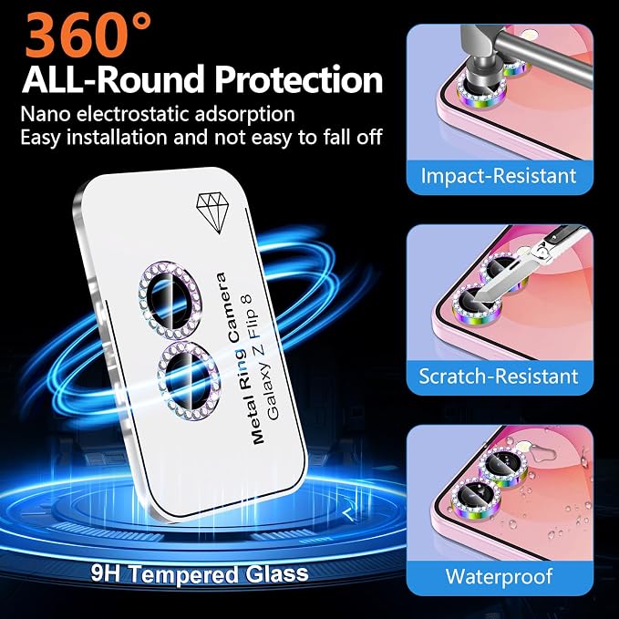 for Samsung Galaxy Z Flip 8 Camera Lens Protector, Individual Metal Ring Tempered Glass Lens Cover, [Strong Adsorption] Scratch Resistant Ultra-Thin HD Clear Lens Cover, 1 Set-Colorful Diamond - Image 2