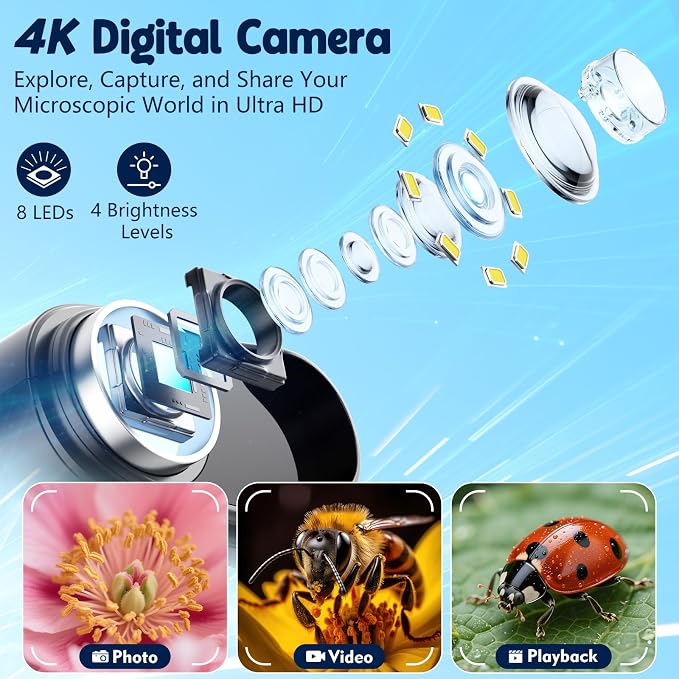 Odatay 2.4" 4K 1000X Digital Kids Microscope with 32G Card 12 Slides Orange | Long distance viewing, portable handheld edu gift toys for age 3-12, exploring bugs plants at home classroom & outdoor travel - Image 3