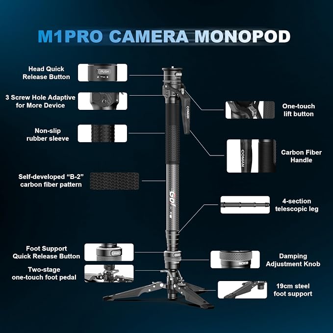 M1pro 65" Carbon Fiber Monopod for Camera, One-Click Lifting Quick Release Monopod with feet, Compact for Travel, Max Load 44lbs / 20kg for Camera, DSLR, Camcorder - Image 6