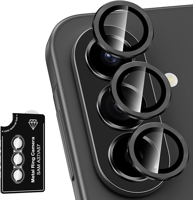 for Samsung Galaxy A37/A57 Camera Lens Protector, Individual Metal Ring Tempered Glass Lens Cover, [Strong Adsorption] Scratch Resistant Ultra-Thin HD Clear Lens Cover, 1 Set-Black by Btscase