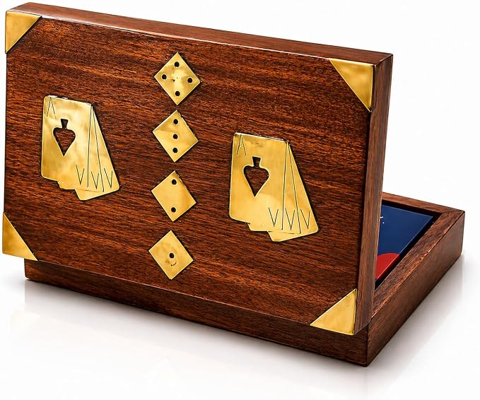 Wooden Playing Card Holder Deck Box Storage Case Includes Cards & Dice | Includes 2 card packs with dice, ideal for poker, bridge, card games, travel, gifting, collectible display & game room décor by TheGreatIndianBazaar