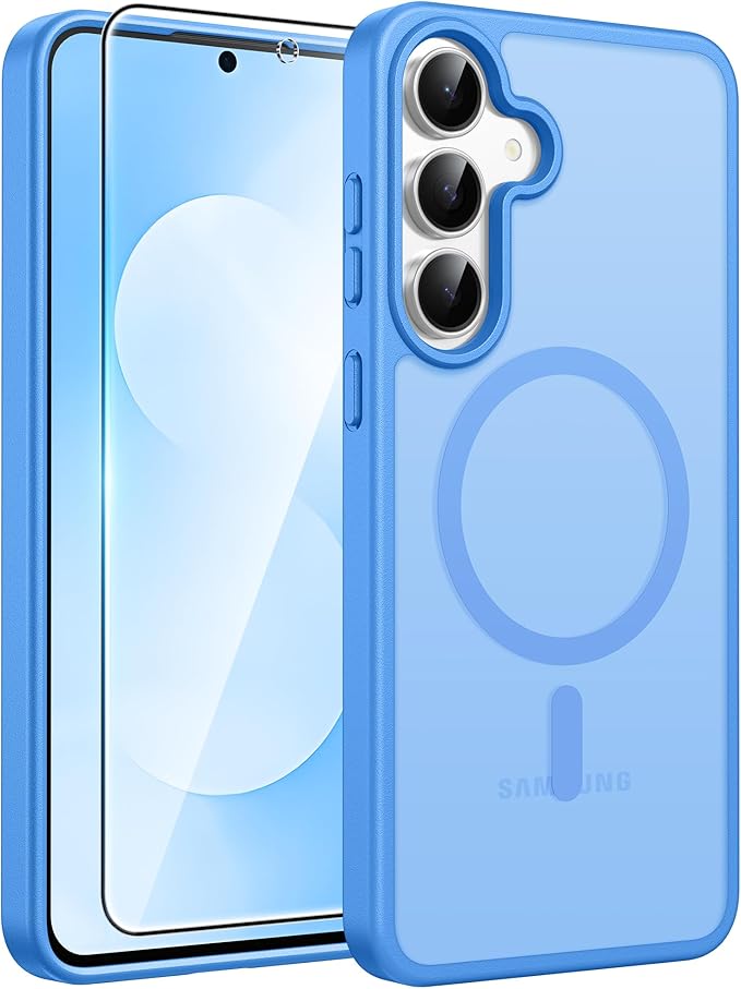 FNTCASE for Samsung Galaxy S25 FE Case, Fit for Magsafe, Screen Protector | Translucent Matte Magnetic Back, 14FT Military Grade Drop Protection, Slim Shockproof Protective Phone Cover, Ice Blue by FNTCASE