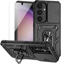 for Samsung Galaxy S24 Plus Case with Camera Lens Cover HD Screen Protector, Military-Grade Drop Tested Magnetic Ring Holder Kickstand Protective Phone Case for Samsung Galaxy S24 Plus (Black) by M+MAIKEZI