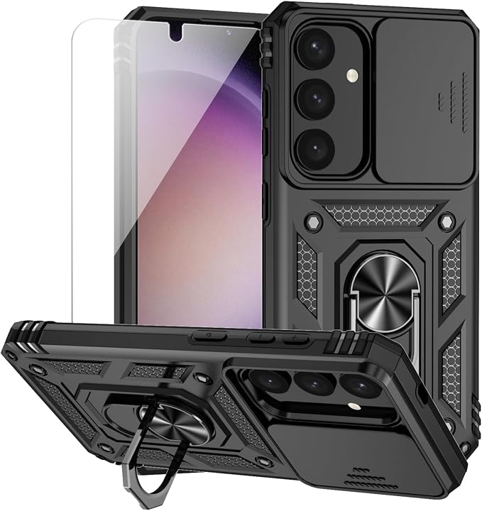 for Samsung Galaxy S24 Plus Case with Camera Lens Cover HD Screen Protector, Military-Grade Drop Tested Magnetic Ring Holder Kickstand Protective Phone Case for Samsung Galaxy S24 Plus (Black) by M+MAIKEZI