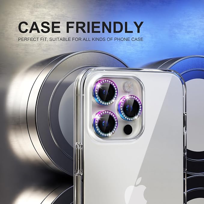 Choiche for iPhone 15 Pro/iPhone 15 Pro Max Camera Lens Protector | Ultra HD, Bling 9H Tempered Glass Camera Cover Screen Protector Metal Ring Decoration Accessories (Diamond-Colorful) - Image 4