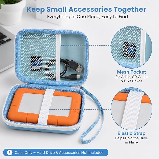 ALKOO Case for LaCie Rugged Mini 1TB/2TB/4TB/5TB External Hard Drive | Portable HDD Holder, Cable Pocket, SD Card Storage, for Photographers, Creators, Students, Office, Travel, Case Only, Bule - Image 3
