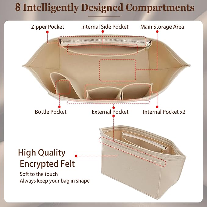 Doxo Purse Organizer Insert for Longchamp Le Pliage Tote, Large Bag Organizer with YKK Zipper Pocket & Cup Holder, Handbag Shaper for Women, Fits Original/Green/Energy L Tote, Beige-WL - Image 4