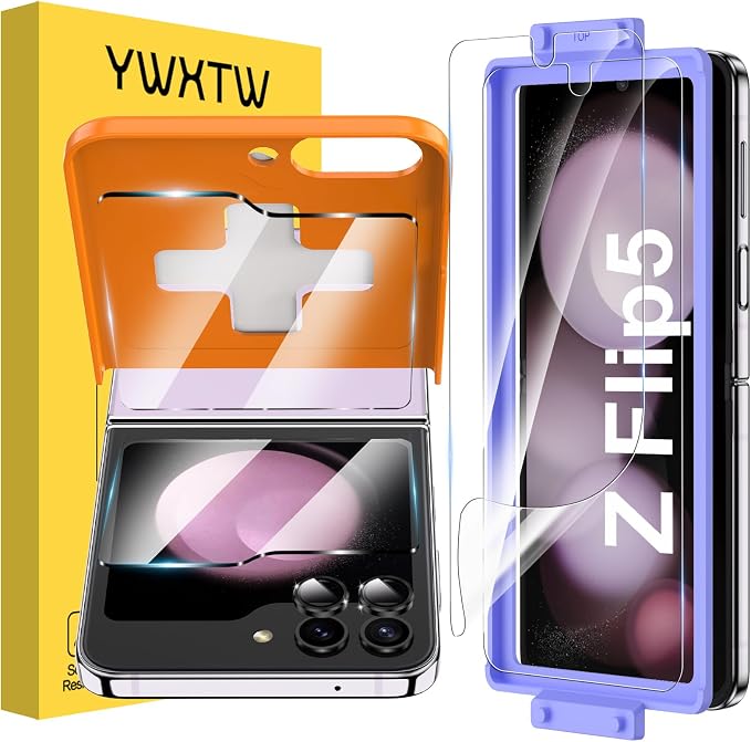 YWXTW [ 2023 Upgraded Alignment Tool for Samsung Galaxy Z Flip 5 Screen Protector, 2 Pack Inner Soft EPU + 2 Pack Front Tempered Glass + 2 PCS Metal Camera Lens Protector, Case Friendly by YWXTW