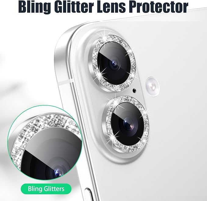 AGVEE 3+3 6 Pack for iPhone 16/16 Plus Camera Lens Protector Cover | Individual Bling Diamond & Bling Glitter Sparkle Cute Gem Metal Ring, 9H Tempered HD Glass - Image 5