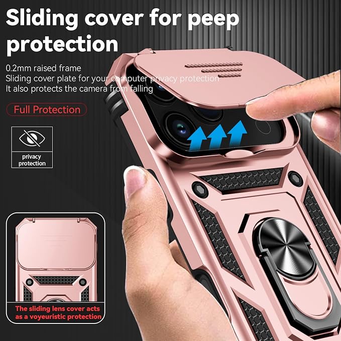 SunStory Phone Case for iPhone 17 Pro Case with HD Screen Protector & Slide Camera Cover & Rotated Ring Kickstand, [Military-Grade] Phone Case for iPhone 17 Pro, Rose Gold - Image 3