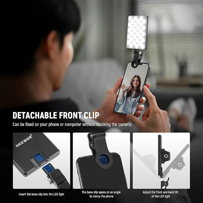 NEEWER Basics NL-60AI Selfie Light for Phone with Front & Back Clip, 60 LED 2000mAh Rechargeable CRI95+, 3 Modes, Portable Clip on Fill Lighting for Tablet Computer Laptop Zoom Call TikTok Video - Image 7