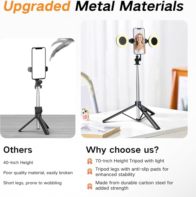 70” Phone Tripod & Selfie Stick with Light, Metal Tripod Holder with Wireless Remote,Portable Travel Selfie Stick Tripod for iPhone/Android and Gopro - Image 3