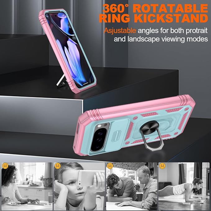 Gritup for Pixel 9/9 Pro Case Military-Grade Shockproof with Kickstand | with 2 PCS Screen Protector, Slide Camera Cover, Heavy Duty Outdoor Protection Funda para Google 9/9 Pro Cover Green+Pink - Image 8