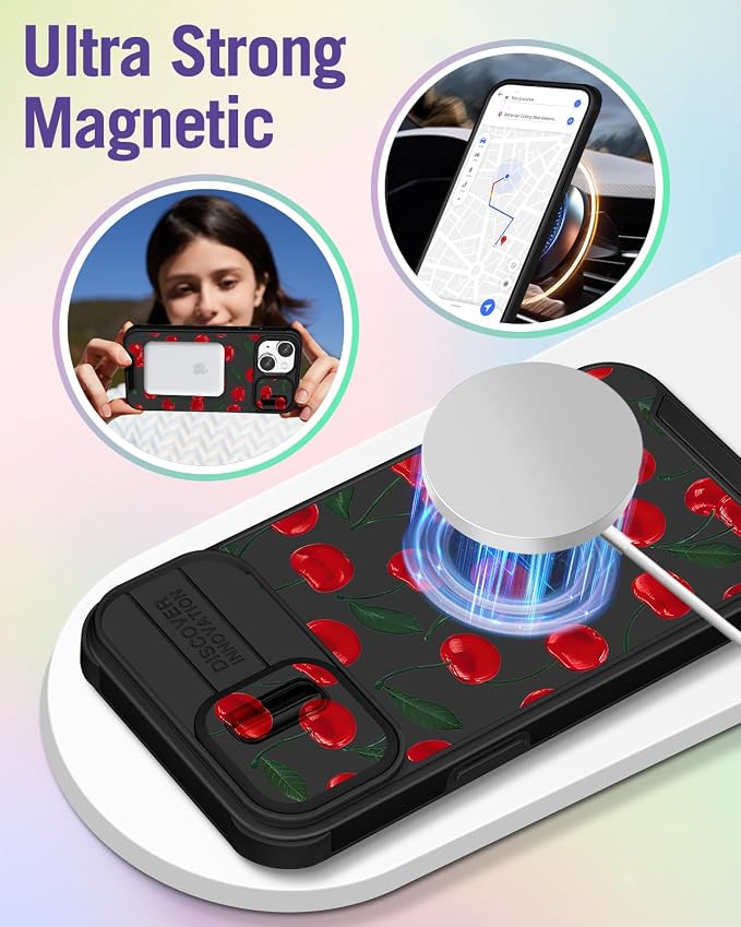Buleens for iPhone 15 Case 6.1 Inch - with Ring Stand & Camera Cover Aesthetic Cute Designed for Women Girls Girly Kawaii Cherry for Phone Case for iPhone 15 Compatible with Magsafe - Image 4