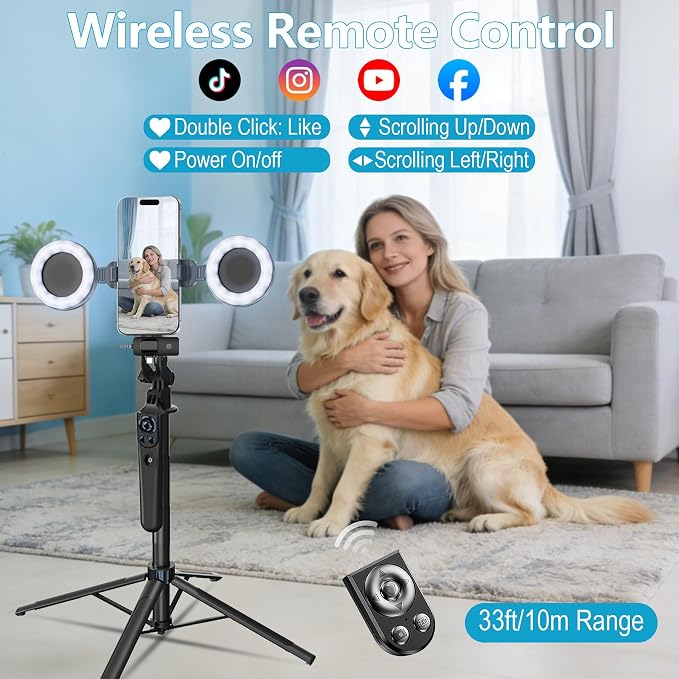 71" Content Creator Essentials Vlogging Kit - 2 Lights & 2 Mics | 360° Rotating Auto Face Tracking Tripod for iPhone/Android/Camera with Wireless Remote, No App for Vlog, Live, Video Record - Image 4