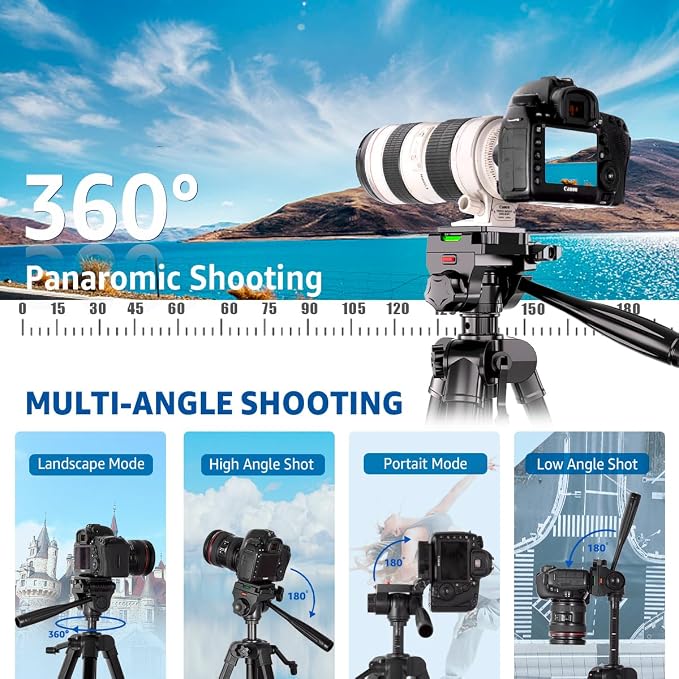 74" Camera Tripod Stand with 2 QR Plates for DSLR Sony Nikon Canon, Lightweight Video Mount for Travelling, Adjustable Phone Holder with Fluid Head and Wireless Remote (Max Load 6kg) - Image 7