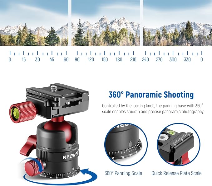 NEEWER Tripod Head, 360° Rotating Panoramic Ball Head with 1/4” Quick Shoe Plate for Tripod Monopod Slider DSLR Camera Camcorder, Max Load up to 5kg/11lb – GM28 - Image 2