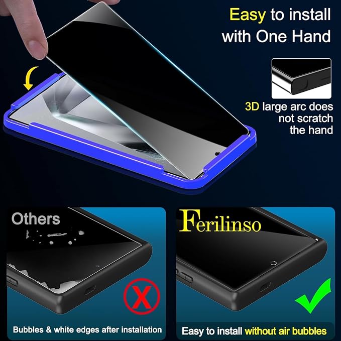Ferilinso 3 Pack Privacy Screen Protector for Samsung Galaxy S24 Ultra | 9H+ Tempered Glass, Military-Grade Shatterproof, HD, Case Friendly, Easy Installation Bubble Free, with Camera Lens Protector - Image 3