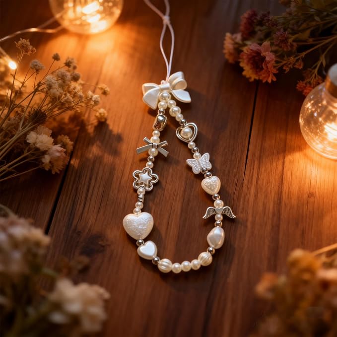 2 Pcs Phone Charm Strap Hand for iPhone Wrist Strap Camera Lanyard Pearl Beaded Cute Chain String Accessories Universal for iPhone 17 Pro 16 15 Samsung Women Girls Keychain Pearl Heart and Butterfly - Image 4