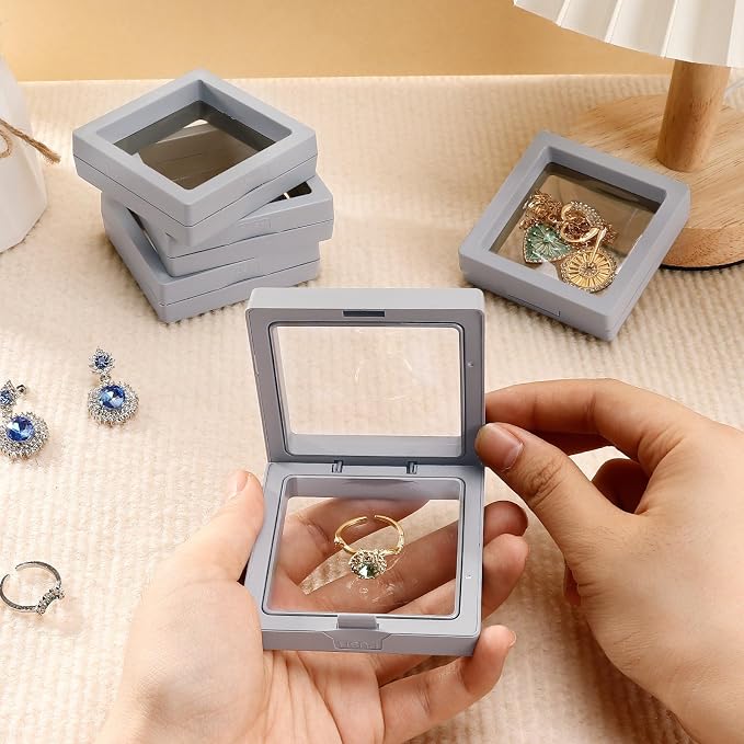 12 Pcs 3D Floating Frame Display Stand, Transparent Jewelry Gift Boxes | 2.75 x 2.75 x 0.8 Inch Small Jewelry Gift Boxes with PE Film, for Earrings Necklaces Rings Coins Specimens Crafts, Gray - Image 4