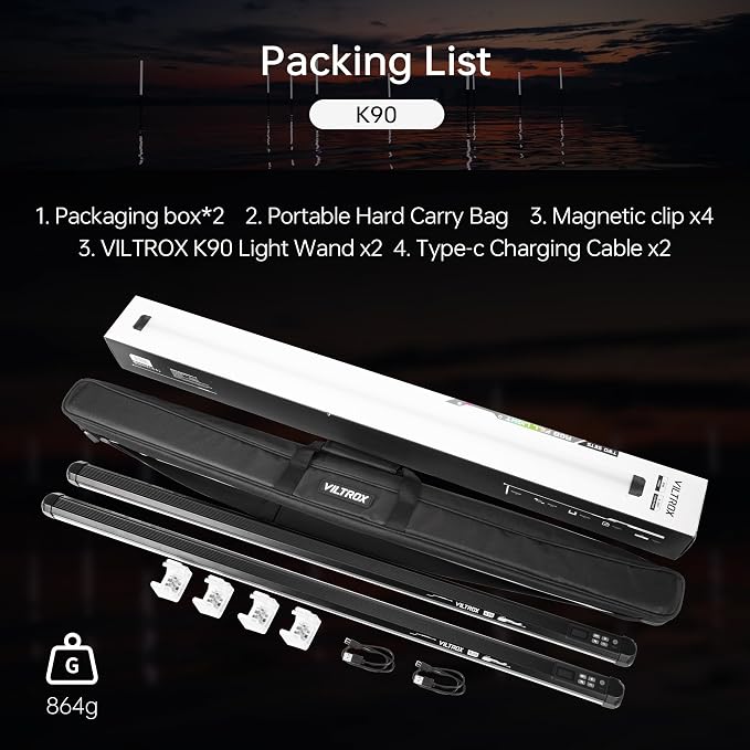 VILTROX K90 2 Pack RGB Tube Light, 30W 38inch Large RGBWY Photography LED Video Stick Light Wand with APP/2.4G/Remote Control, CRI 97+, 26 Scenes, 2500K-8500K, 14.8V/3300mAh Battery, Magnetic Chip - Image 8