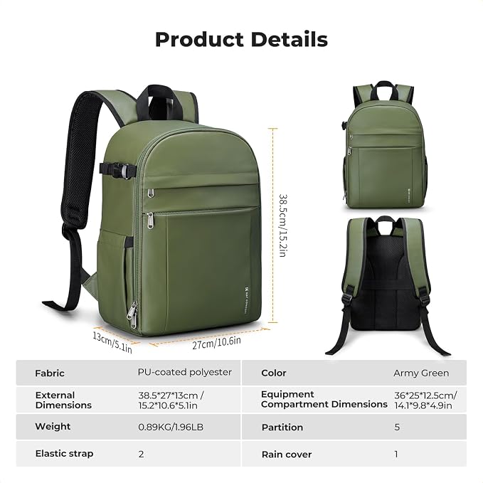 K&F CONCEPT Camera Backpack, DSLR/SLR/Mirrorless Photography Camera Bag | 14in Laptop Compartment & Rain Cover, 600D Fabric for Travel & Daily, Men & Women, Dual-Mode Detachable Dividers, Green, B19 - Image 8