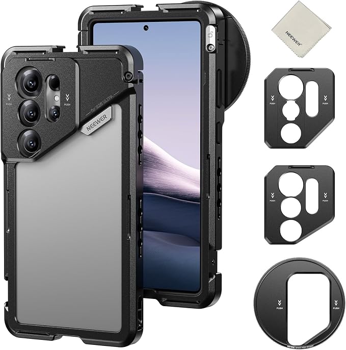 NEEWER S25 Ultra Phone Cage, Mobile Video Rig Phone Stabilizer with 67mm Filter Adapter, 17mm Lens Backplate, T Mount Adapter Compatible with Moment Samsung Galaxy S25 Ultra, 1x Cleaning Cloth, PA082 by Neewer