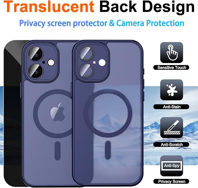 for iPhone 16 Plus Case with Privacy Screen Protector, Blue | Full Camera Protection, Matte Translucent, Magnetic, Compatible with MagSafe, Shockproof Phone Cover for iPhone 16Plus - Image 2