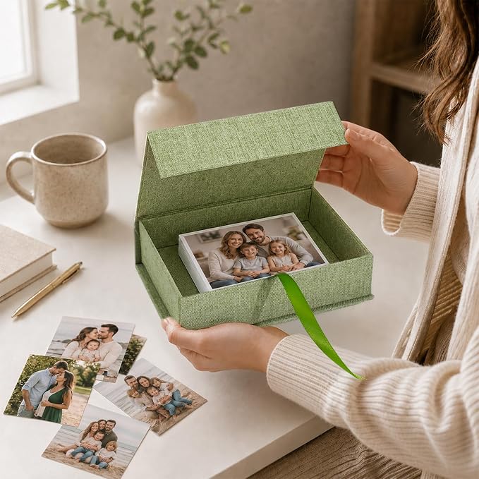 Vienrose Small Photo Storage Box, 5"x7", Linen Postcard Keeper, Grass Green | 1Pc Sturdy Linen Cover Box for Photos, Postcards & Sticker Storage, Perfect for Home, Office, Craft Room, and Travel - Image 3