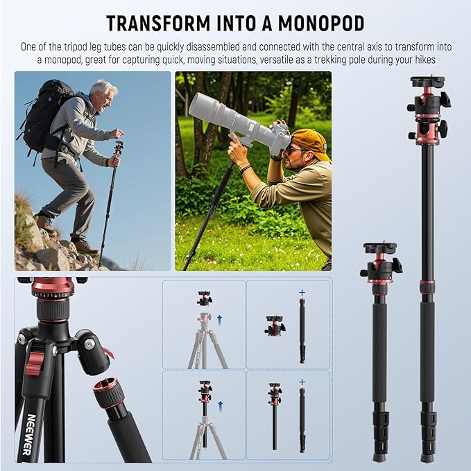 NEEWER Basics 70.9" Camera Tripod Monopod w Center Column/Ball Head, TP16 | Quick Release, Overhead DSLR Cell Phone Holder Stand, Compatible with iPhone, Travel, Video Recording, 17.6 Lb Max Load - Image 5